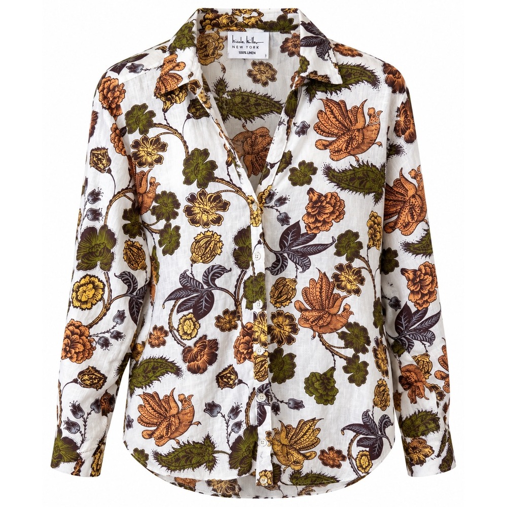 Nicole Miller 100% Linen Floral Bird Button Down Shirt Women's XL Roll Tab